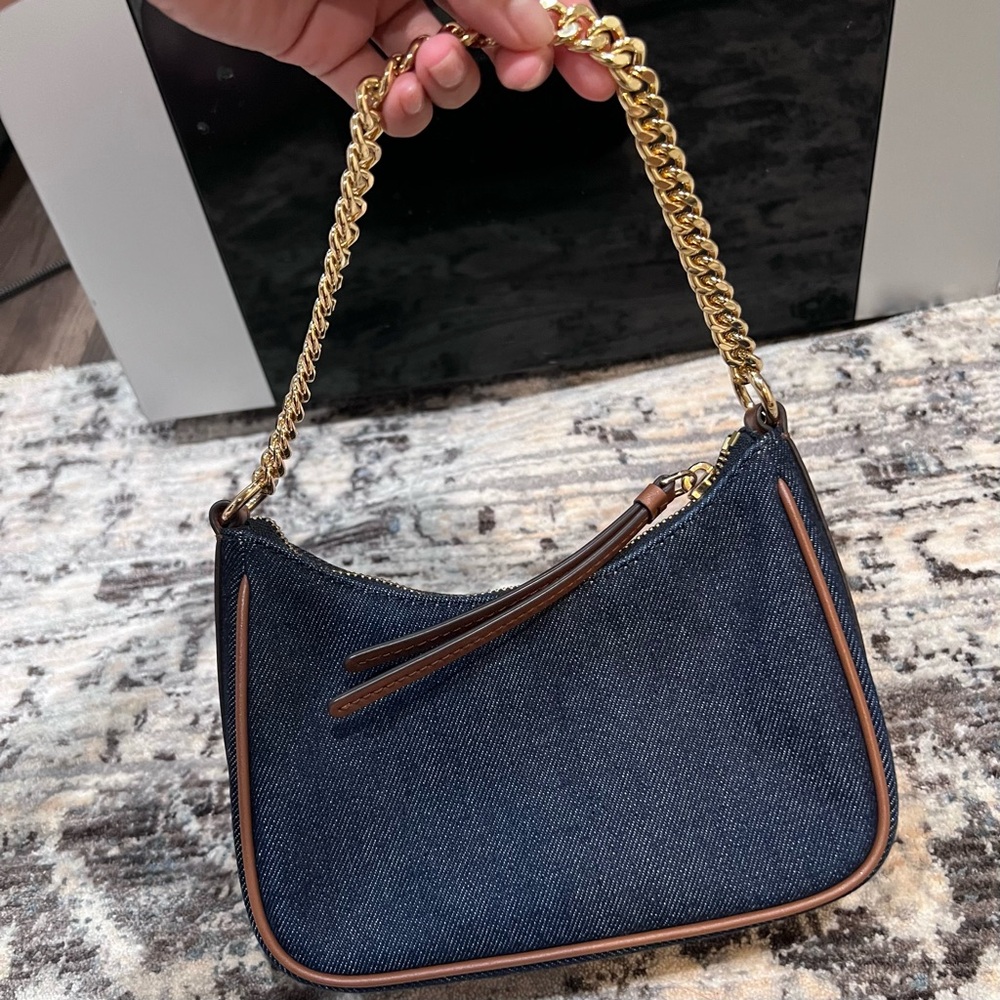 Michael Kors Jet Set Small Chain Denim Pochette Blue and Brown Shoulder Bag - Picture 6 of 11